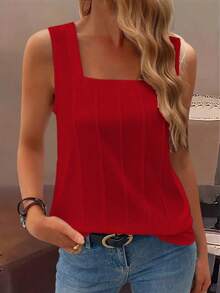 Zayélia Summer New Sleeveless Wide Strap Square Neck Loose Fit Slimming Women's Tank Top - Red - View 4