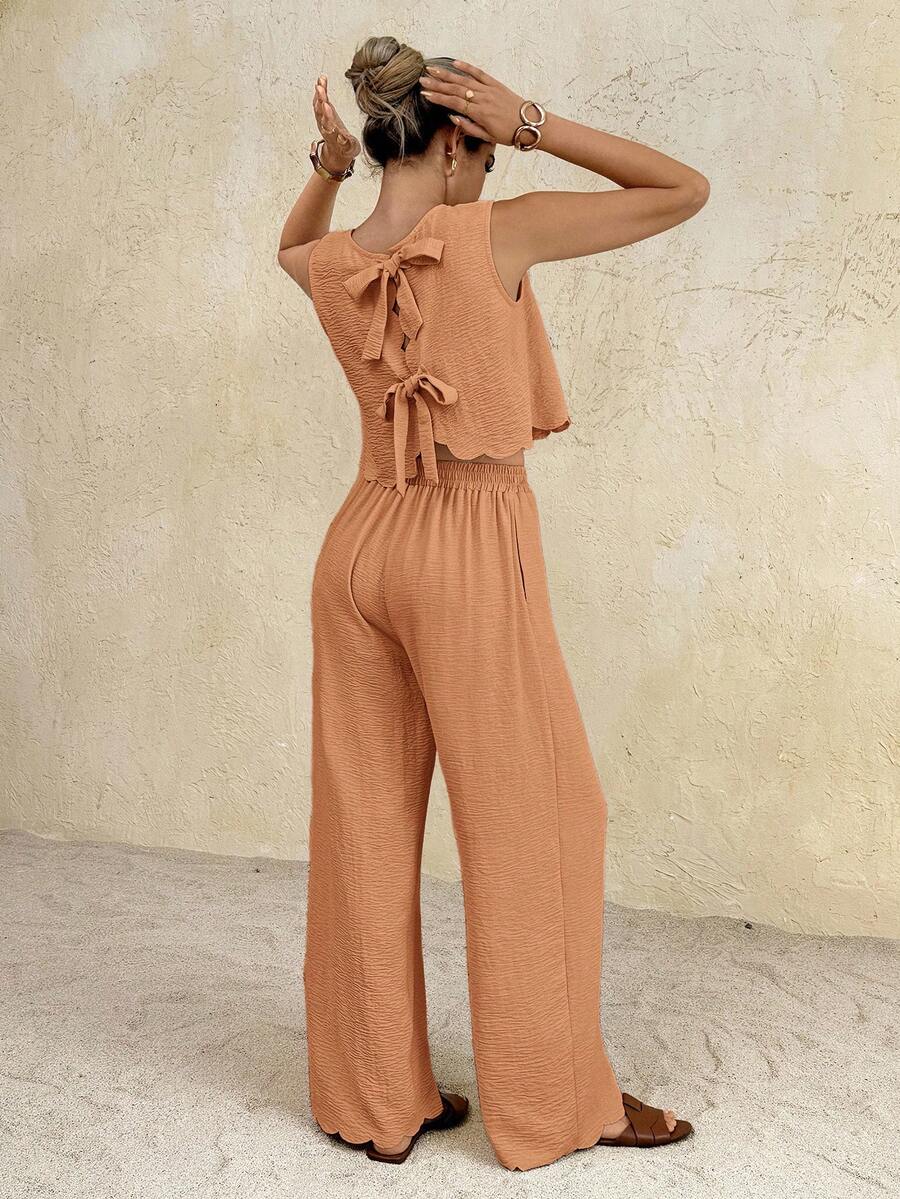 SHEIN Frenchy 女款度假風紋理素色圓領背心與寬鬆長褲兩件套 - 卡其色 - 查看 1