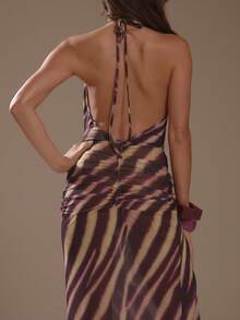 MUSERA Brown Zebra Print Mesh Halterneck Cut Out Maxi Dress Summer Holiday Ibiza Festival Zarina Vacation Sexy Boho Party Club - Multicolor - View 2