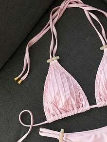 Swim Vcay Women's Swimwear Set, Premium Old Money Style Halter Neck Triangle Bikini, Classic Minimalist Sexy Island Beach Vacation Pool Party Cruise Pink - Pink - View 3