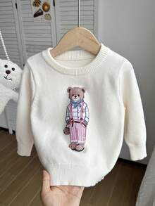 SHEIN 1件女童幼童長袖上衣毛衣，休閒簡約甜美印花，舒適適合秋冬穿著，寬鬆版型休閒毛衣套裝，校園活動休閒秋冬穿著，假期冬季戶外穿著，聖誕套裝搭配，時尚百搭，柔軟舒適紅色女童幼童毛衣 - 白色 - 查看 5