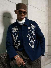 AKNOTIC Men's Floral Embroidered Pattern Casual Versatile Daily Wear Winter Long Sleeve Jacket - Blue - View 9