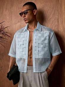 AKNOTIC Men's Single-Breasted Organza Woven Trim Short Sleeve Shirt - Baby Blue - View 2