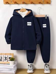 SHEIN 2件組兒童青少年藍色冬季外套與棕色保暖毛絨內裡長褲，梭織兩件套，適合通勤穿著 - 藏蓝色 - 查看 4