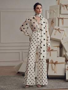 Anewsta Women's 2 Pieces Set Polka Dot Shirt Wide-Leg Pants Elegant Versatile Fashion Design Brunch Black And White Polka Dot Autumn Tea Party - Black and White - View 1