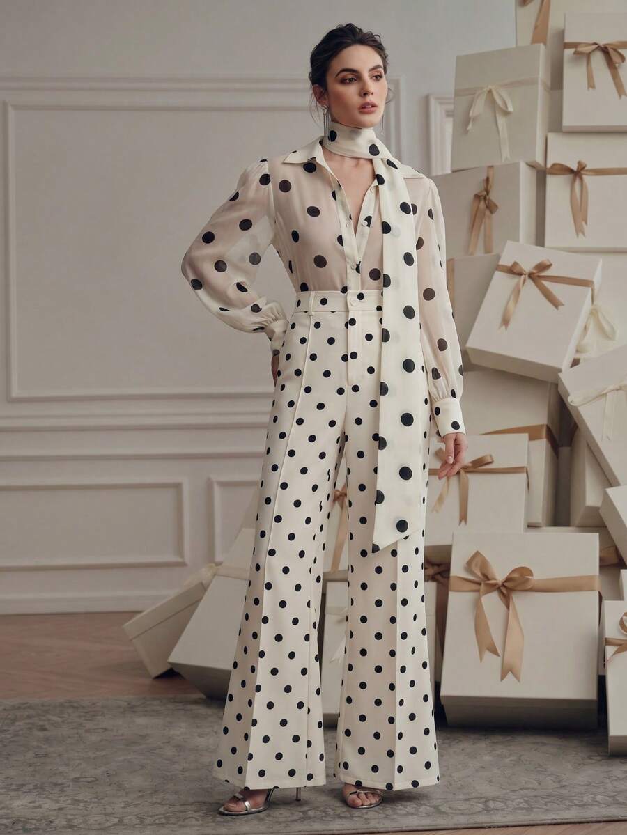 Anewsta Women's 2 Pieces Set Polka Dot Shirt Wide-Leg Pants Elegant Versatile Fashion Design Brunch Black And White Polka Dot Autumn Tea Party - Black and White - View 1
