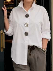SHEIN Clasi Plus Size Women Solid Color Button Design Casual Loose Fit Shirt - White - View 3