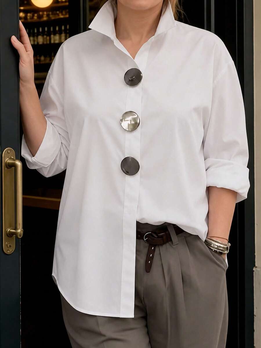 SHEIN Clasi Plus Size Women Solid Color Button Design Casual Loose Fit Shirt - White - View 1