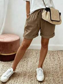 EMERY ROSE Pantalones cortos de mujer talla grande de unicolor con cordón en la cintura, versátiles y de uso diario - Marrón - Ver 3