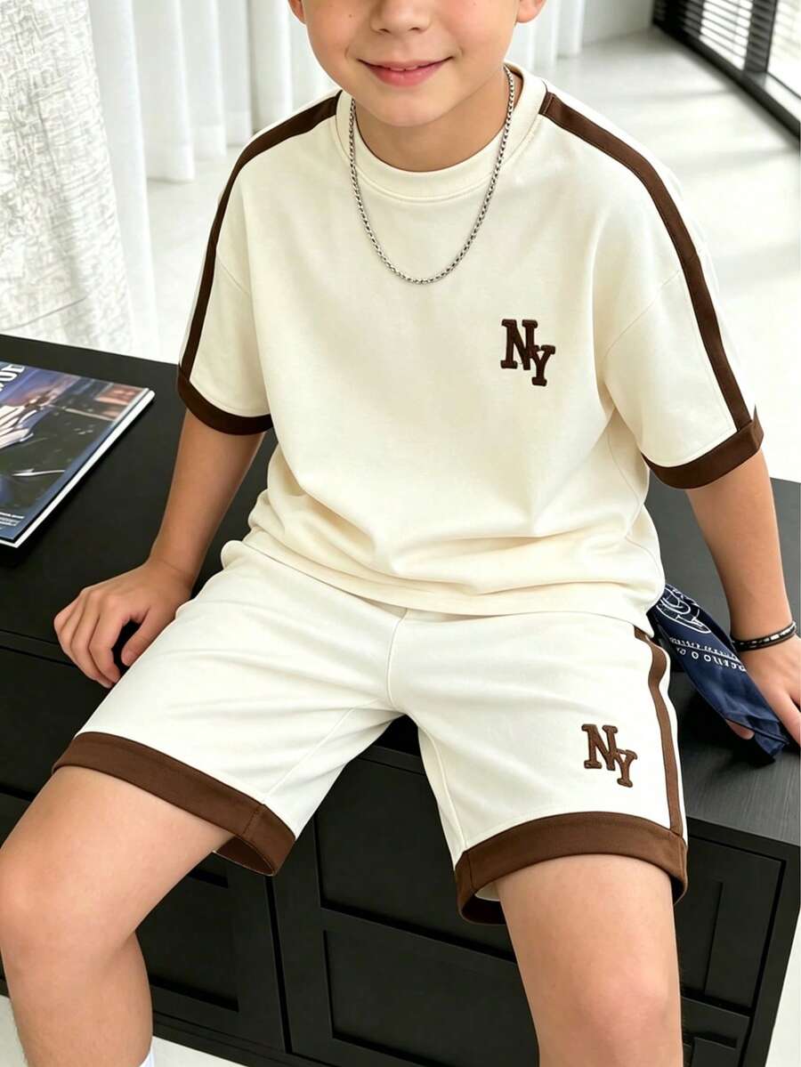 2件組青少年男孩時尚圓領短袖T恤套裝,休閒酷感英文字母NY印花,街頭風男孩短袖套裝,適合度假派對、春夏秋季,舒適隨性,小男孩夏季首選,時尚休閒穿搭,春夏秋街頭風,休閒返校穿搭 - 彩色 - 查看 1