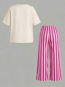 SHEIN LMoss Kids 少女香蕉字母印花T恤條紋長褲套裝 - 彩色 - 查看 2