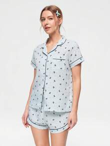Bonmuse Conjunto de Pijama com Estampa de Laço, Manga Curta e Shorts para Mulheres - Azul bebê - Visão 4
