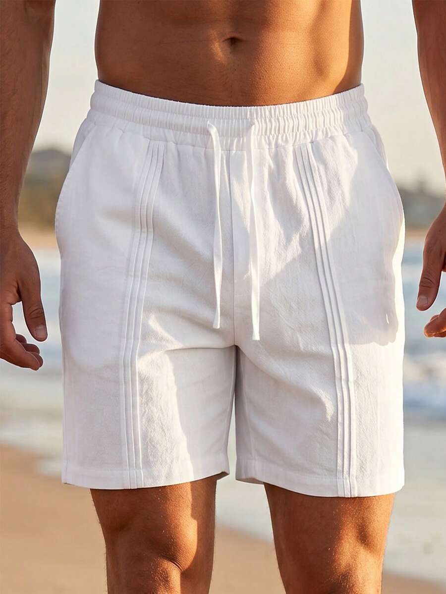 VIVINTIMO Pantalones cortos de playa de unicolor con cordón en la cintura para hombre para vacaciones - Blanco - Ver 1