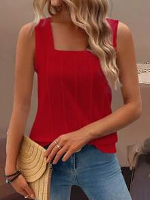 Zayélia Summer New Sleeveless Wide Strap Square Neck Loose Fit Slimming Women's Tank Top - Red - View 3