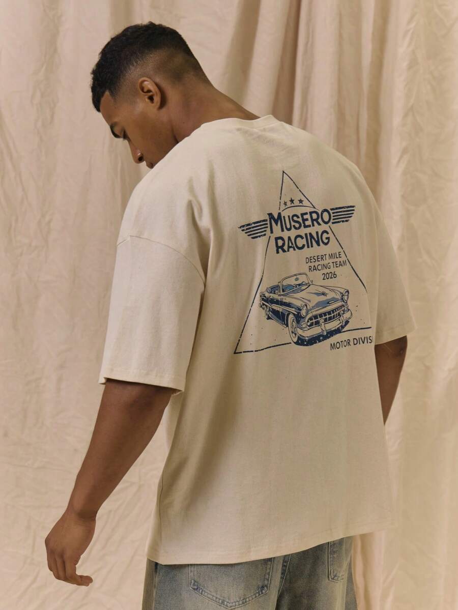 Oversized Graphic "MUSERO RACING" Crew Neck Tshirt Spring Summer Essentials - Apricot - View 1