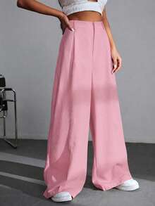 SHEIN EZwear 休閒百搭 100% 純棉粉色高腰寬腿褲，適合校園穿搭、全方位休閒穿著、派對與音樂節穿著、畢業季、開學季、度假季、都市上班穿著 - 粉色 - 查看 6
