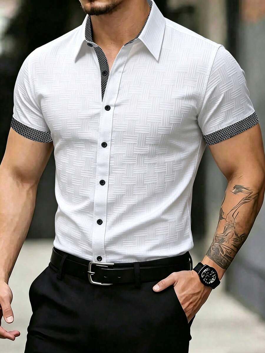 Manfinity Mode Men's Casual Streetwear Short Sleeve Shirt, Summer White Shirt, Formal, Ceremony - Black and White - View 1