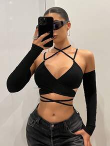 SHEIN ICON 修身交叉綁帶可拆卸袖女款上衣 - 黑色 - 查看 4