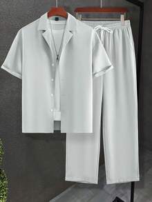 Manfinity Homme Men's Plus Size Solid Color Cuban Collar Shirt + Drawstring Elastic Waist Long Pants Set, Men's Casual Set - Light Grey - View 3