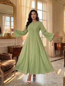 SHEIN Lady CURVE 春秋新款优雅休闲通勤日常旅行度假喇叭袖纽扣前襟喇叭下摆复古腰A字浪漫日常通勤办公室工作波西米亚风连衣裙 - 薄荷綠 - 查看 3