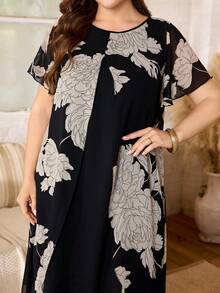 Lacomfia Plus Size Women's Chiffon Printed Double Layer A-Line Casual Dress - Black - View 3