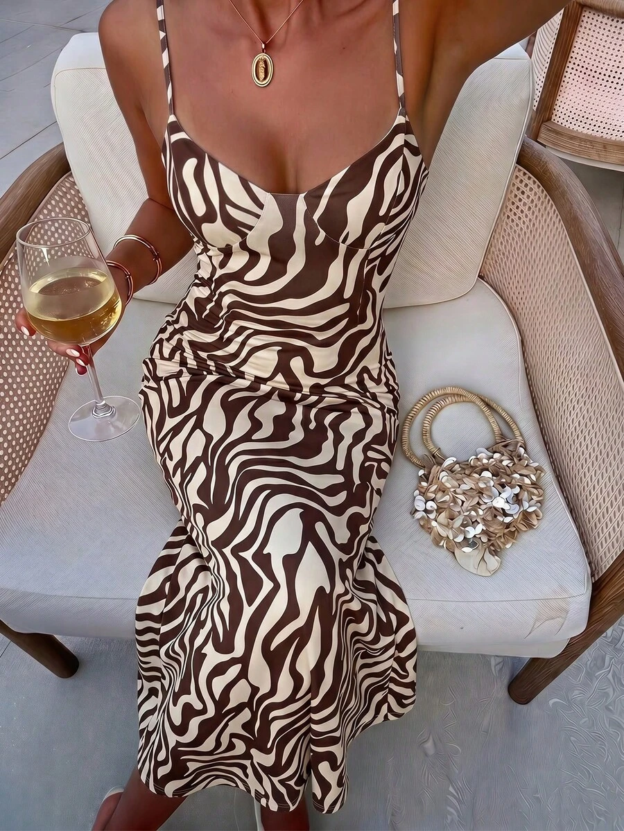 Aloruh 春夏度假斑馬紋細肩帶綁帶修身性感印花女款洋裝,初秋斑馬紋洋裝,秋冬百搭層次穿搭洋裝 - 棕色 - 查看 1