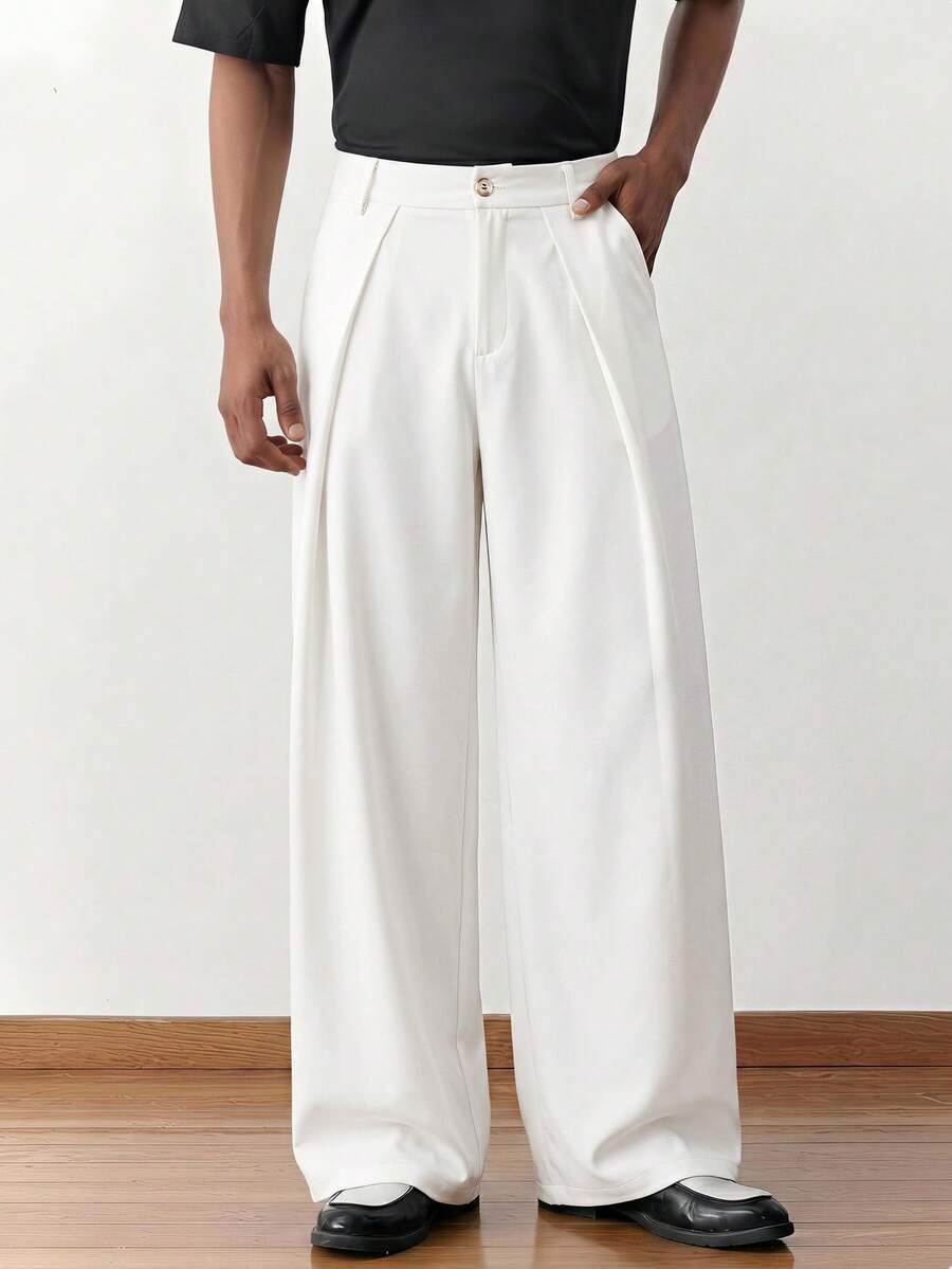 SWAVVY Men's Solid Color Casual Button Pocket Pleated Loose Long Pants - White - View 1
