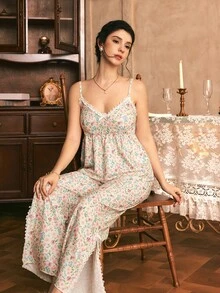 Côtesoire 女款浪漫復古老錢風優雅米白色細肩帶上衣長褲睡衣套裝，南法風夏季居家睡衣 - 彩色 - 查看 1