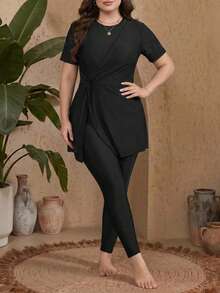 Swim Mulvari Burkini de tela de unicolor conservador para mujer talla grande - Negro - Ver 4