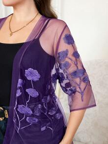 SHEIN Clasi 大尺碼優雅花卉刺繡網紗夾克 - 紫色 - 查看 3