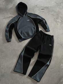 PAVTROS Men's Colorblock Patchwork Hoodie & Sweatpants Set - Dark Grey - View 7