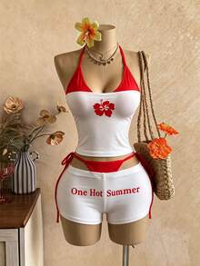 EgrlEra 2pcs/Set Atasan Slip Wanita Motif Blok Warna + Celana Pendek Super Pendek - Putih - View 1