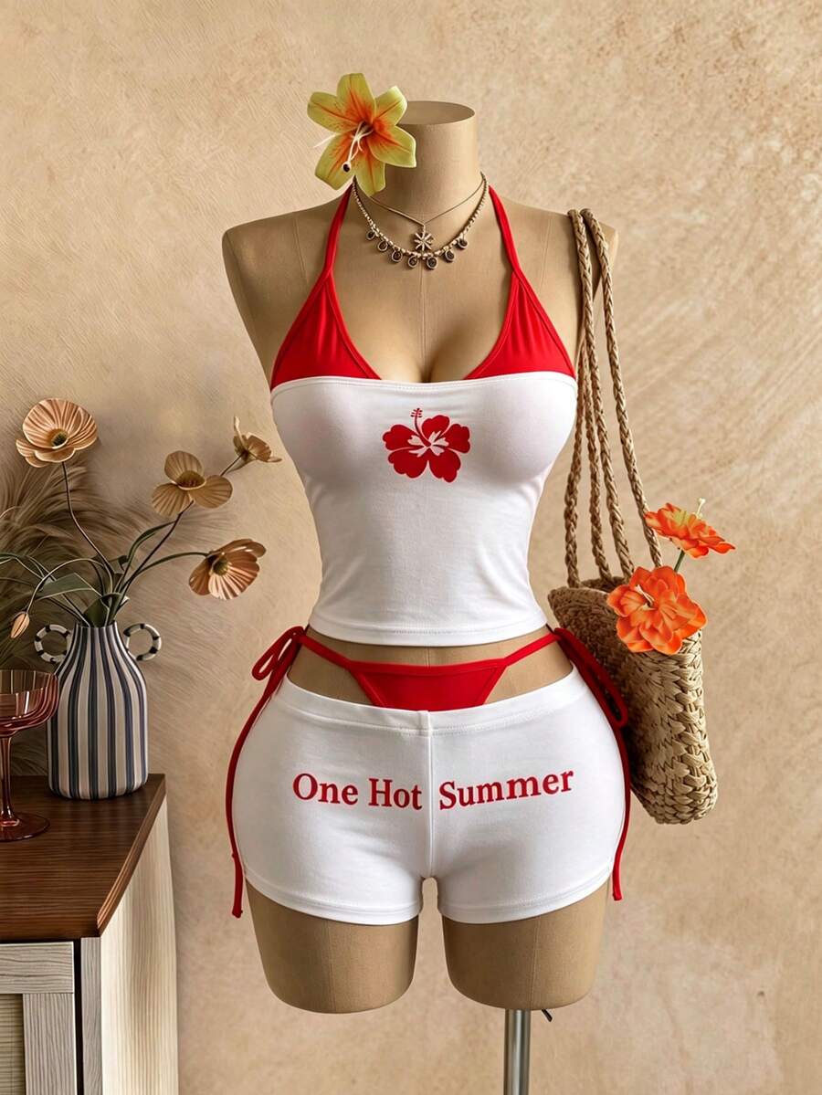 EgrlEra 2pcs/Set Atasan Slip Wanita Motif Blok Warna + Celana Pendek Super Pendek - Putih - View 1