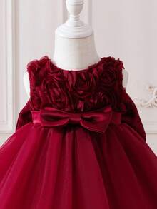 SHEIN Glamorique Kids 女嬰酒紅色薄紗3D花朵無袖洋裝，生日花童派對、婚禮公主風夏季保暖優雅造型 - 酒紅色 - 查看 6