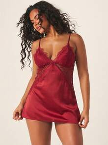 MISSGUIDED Satin Mini Sleep Dress With Delicate Lace Trim Deep V Neck Lingerie Nightgown Intimate Sleepwear - Red - View 1