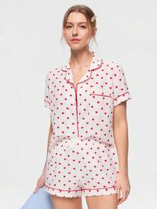 Bonmuse 2pcs Comfortable Heart Print Pajama Set, Short Sleeve Collared Top With Pocket And Bow Shorts, Women Sleepwear Homewear For All Seasons - White - View 7