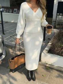 Strévra Women's 2pcs Set: White Crew Neck Long Sleeve Knit Sweater And High Waist Slim Fit Ribbed Knit Pants For Winter - White - View 3