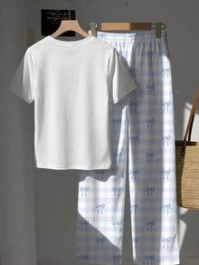 Attitoon 2pcs Set Embroidered Round Neck Short Sleeve Top And Striped Print Pants, Casual - Baby Blue - View 2
