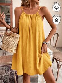 SHEIN Frenchy 夏季女款波西米亞風細肩帶陽光裙，必備夏日穿搭，婚禮季必備 - 薑色 - 查看 2