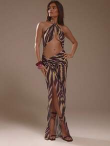 MUSERA Brown Zebra Print Mesh Halterneck Cut Out Maxi Dress Summer Holiday Ibiza Festival Zarina Vacation Sexy Boho Party Club - Multicolor - View 6