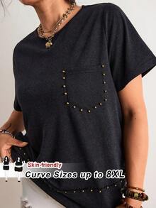 SHEIN CURVE+ 女款黑色針織大尺碼T恤 夏季外出休閒款 柔軟修身 2026年秋冬 22W - 黑色 - 查看 10