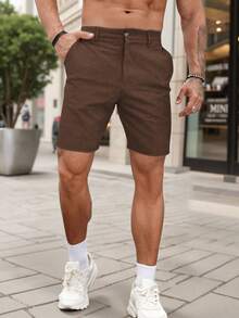 Manfinity Homme 男士素色口袋休閒修身短褲 - 咖啡棕 - 查看 4