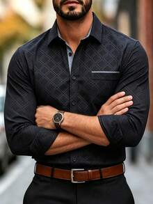 Manfinity Mode Men's Black Dark Grid Embossed Contrast Color Patchwork Casual Business Mature Fit Long Sleeve Shirt - Black - View 5