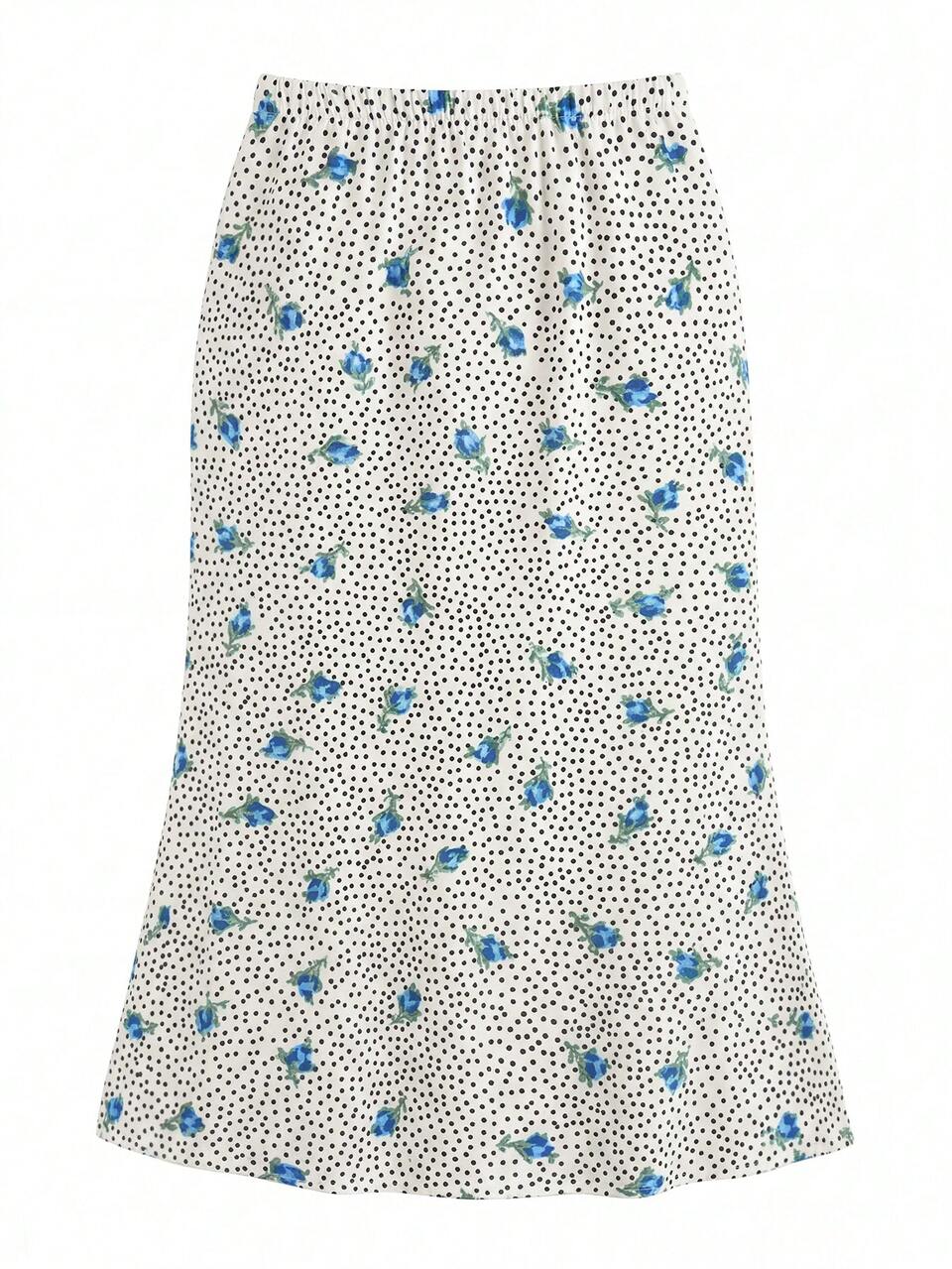 White Floral Floral Print Jersey Midi Skirt With Elasticated Waistband Autumn Holiday Casual Romantic Boho Party