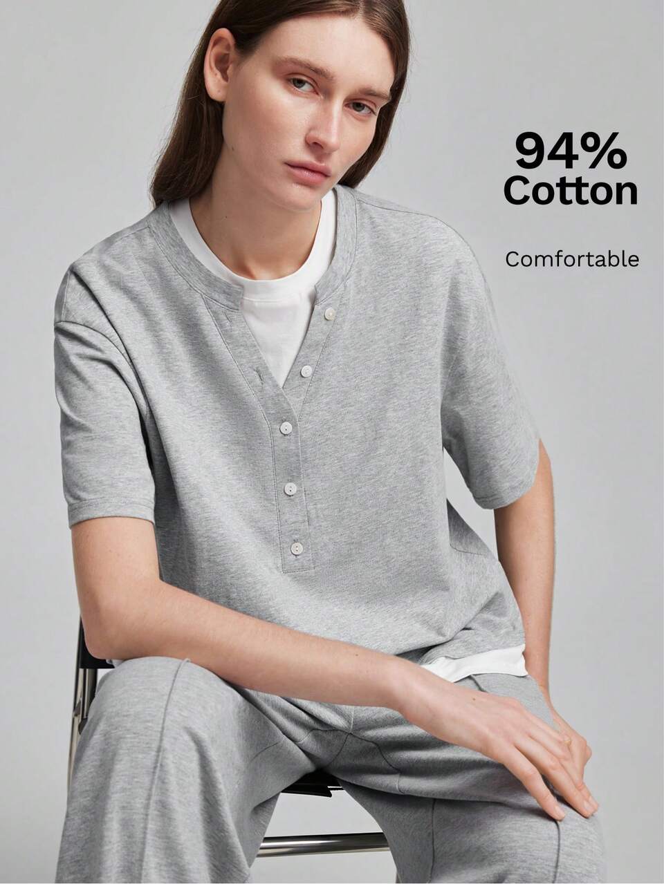 Women's Light Grey Low-Saturation Color Palette Comfortable Fabric 2 In 1 Design Dropped Shoulder Half Sleeve Hem Patchwork Design Modern Casual Home