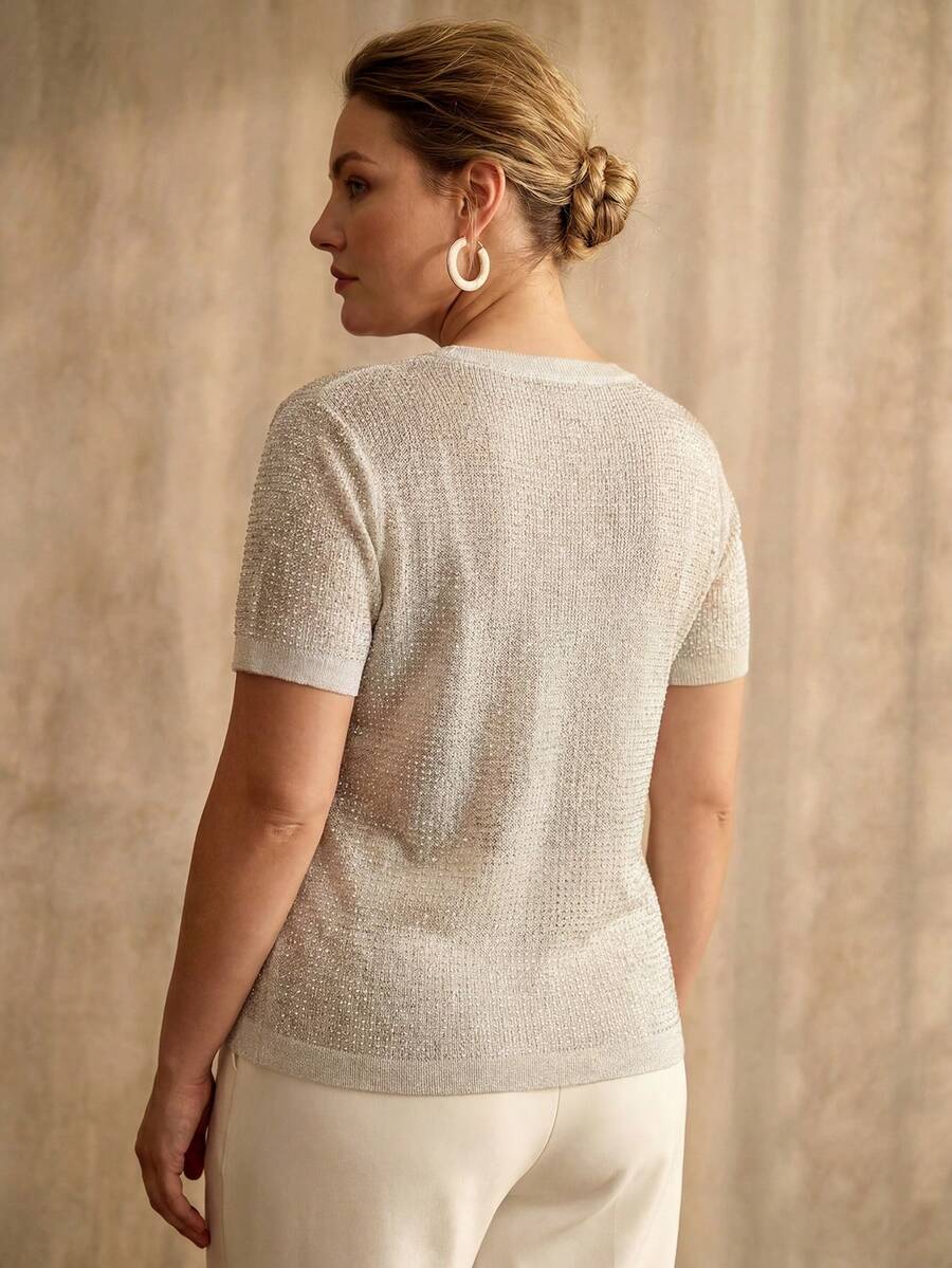 MOTF PREMIUM SPRING/SUMMER SHINY HEAVY RHINESTONE ROUND NECK SLEEVELESS PLUS SIZE KNIT TOP - Grey - View 2