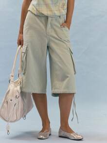 MUSERA Mid Rise Longline Cargo Denim Shorts With Flap Pockets Summer Casual Everyday Y2K Soft Social - Baby Blue - View 2