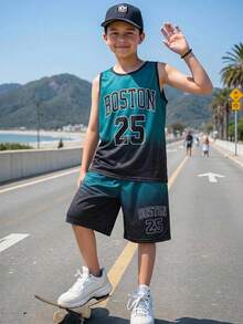 SHEIN 2件/組兒童/青少年男孩休閒寬鬆運動字母漸層圖案綠色圓領背心與短褲套裝，適合通勤、上學、日常休閒穿著、運動、春季/夏季、世界盃 - 綠色 - 查看 2