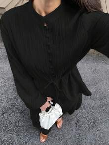 Solavon Women's Solid Color Long Sleeve Tie Decor Shirt And Skirt Two Pieces Set Tea Party Black Autumn Elegant Modest - Black - View 7