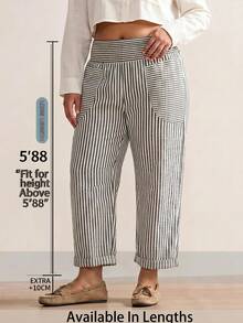 SHEIN Tall CURVE 大尺碼條紋拼接口袋彈性腰休閒長褲 - 黑與白 - 查看 2